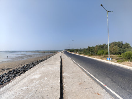 empty road on the beach, closeup of photo with soft focusの写真素材