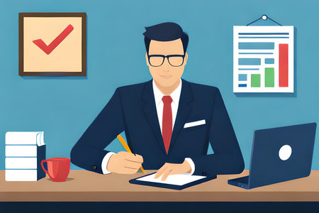 Businessman working at office desk. Vector illustration in flat style.の素材