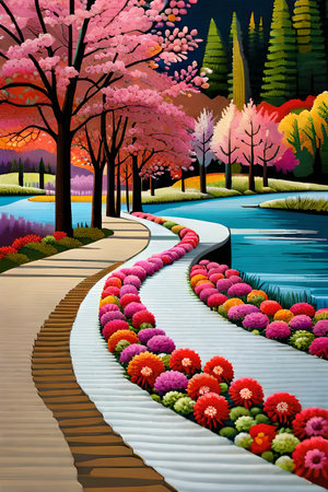 Illustration of a pathway in the park with blooming flowers.の素材