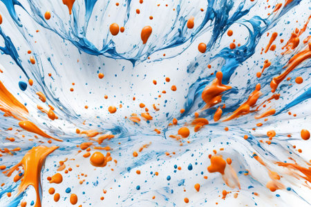 Abstract background of orange and blue paint splashes isolated on white backgroundの写真素材
