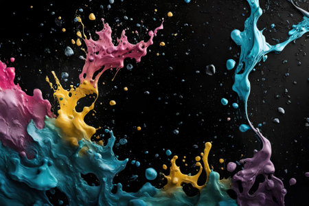 Colorful paint splashes isolated on black background. 3d renderingの写真素材