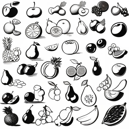 Set of fruits and berries. Vector illustration. Black and white.の写真素材