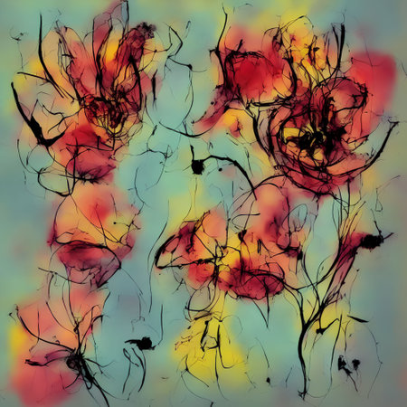 Abstract floral background with watercolor blots and flowers. Hand-drawn illustration.の写真素材