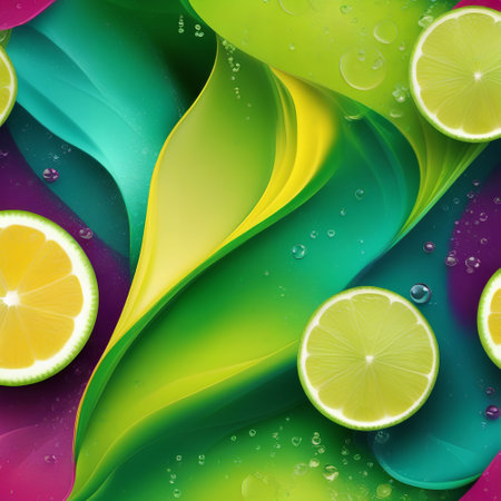 Lime slices on colorful background with water drops. 3d illustration