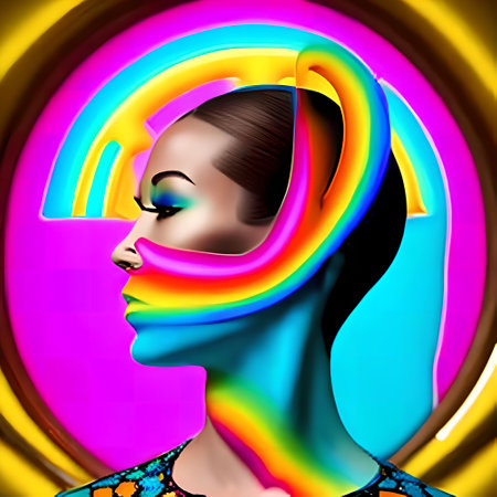 3d illustration of a beautiful woman with rainbow hair and colorful background.の写真素材