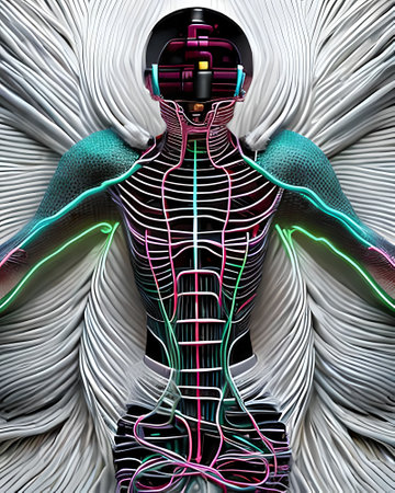 3D rendering of a female robot with a futuristic hairstyle in the backgroundの素材