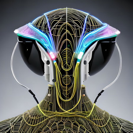 Cyborg head with glowing wireframe. Artificial intelligence concept. 3D renderingの素材