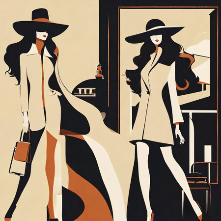 Vector illustration of fashion girls in the street. Stylish women in hat and coatの写真素材