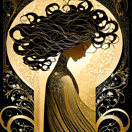 Illustration of a beautiful woman with long curly hair and golden crownの素材