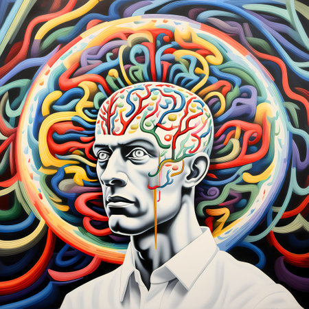 Mental health concept with a human head and colorful brain illustration.の素材