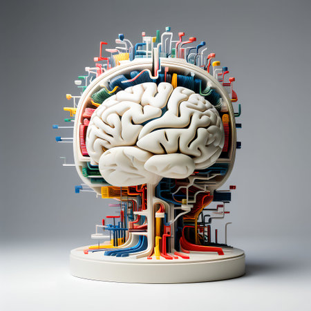 Human brain with colorful circuit board on gray background. 3D renderingの素材