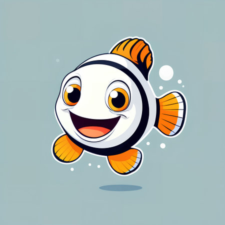 Cute cartoon clownfish isolated on blue background. Vector illustration.