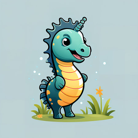 Vector illustration of a cute cartoon dinosaur on a green grass background.の写真素材