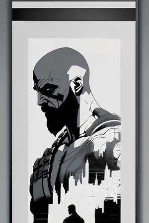 Fashion illustration of a man with a beard on a city background