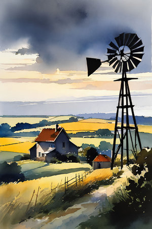 Watercolor illustration of a rural landscape with windmill and houses at sunsetの写真素材