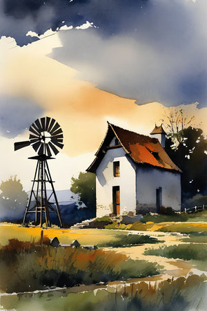 Watercolor rural landscape with windmill and farm. Digital painting.