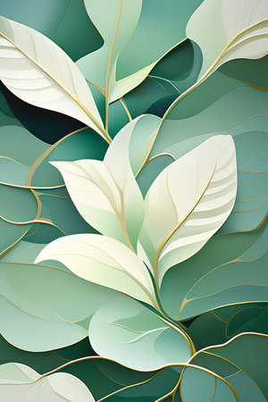 Abstract background with green leaves and golden lines. Vector Illustration.の写真素材