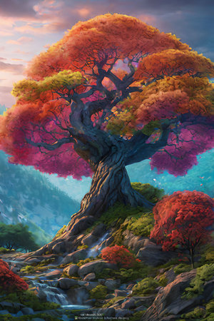 Digital painting of a big tree in the autumn forest. Colorful autumn landscape.