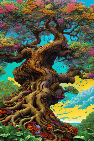 cartoon scene with old tree in the forest - illustration for childrenの写真素材