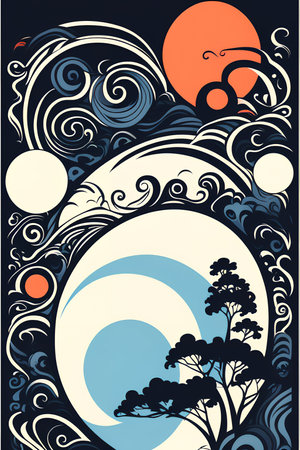 Illustration of an abstract background with trees, sun and moon.の写真素材
