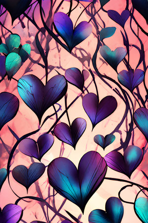Abstract background with hearts and branches in pink and blue colors, illustration