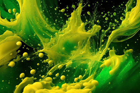 Abstract green and yellow paint splash on black background. 3d renderingの写真素材