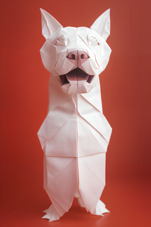 Paper origami dog on a red background. Funny origami dog.の写真素材