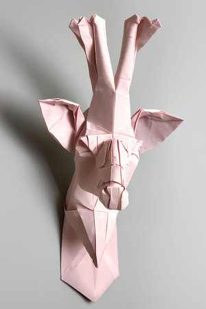 Paper origami giraffe on grey background. Creative idea concept.の写真素材