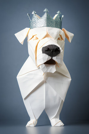 Paper origami bulldog with crown and bow tie on grey backgroundの写真素材