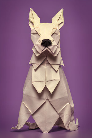 Paper origami dog on a purple background. Dog origami.の写真素材