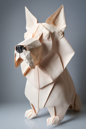Origami dog made of crumpled paper on a gray backgroundの写真素材