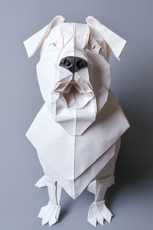 White paper dog isolated on gray background. Dog origami style.の写真素材