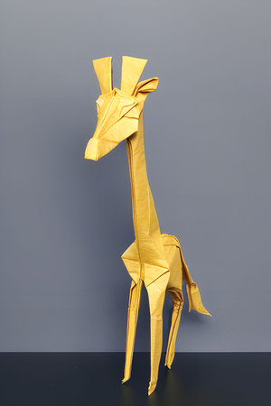 Giraffe origami made of paper on gray background. Minimal concept.の写真素材