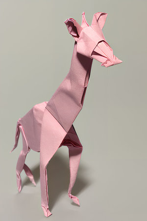 Origami giraffe made of pink paper on a gray background.の写真素材