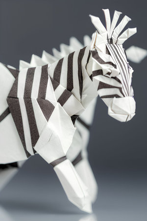 Paper origami zebra isolated on a gray background. Close up.の写真素材