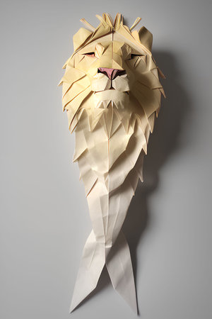 Paper origami lion on grey background. Origami paper art.の写真素材