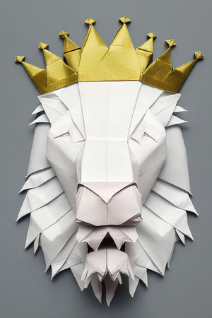 Paper origami king with golden crown on grey background. 3d renderingの写真素材