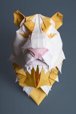 Paper origami rhinoceros isolated on a gray background.の写真素材