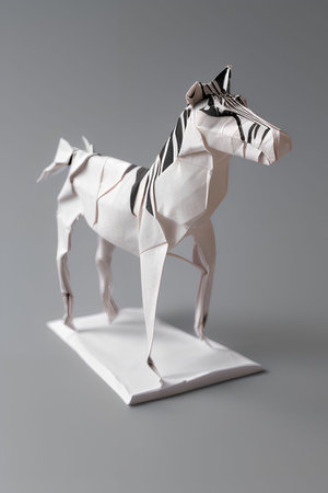 Figurine of a zebra made of paper on a gray backgroundの写真素材