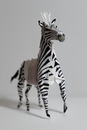 Figurine of zebra made from paper on a gray backgroundの写真素材