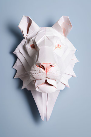 Paper origami cat on a blue background. Animal origami.の写真素材