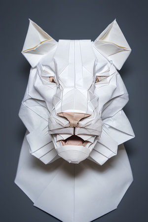 Paper origami lion head on a gray background. Studio shot.の写真素材