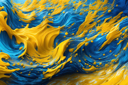 Abstract background of acrylic paint in blue and yellow colors with splashesの写真素材