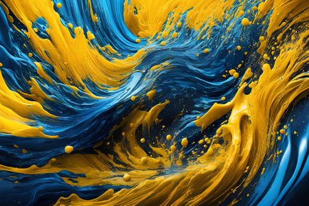 abstract blue and yellow paint splash on black background. 3d renderingの写真素材