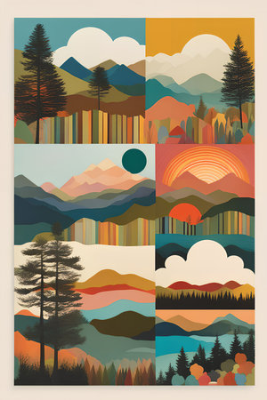 Set of mountain landscapes in retro style. Vector illustration for your design