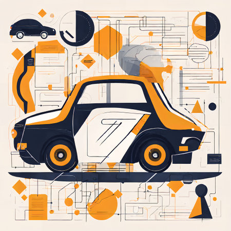 Electric car on the circuit board background. Vector illustration in retro style.の写真素材