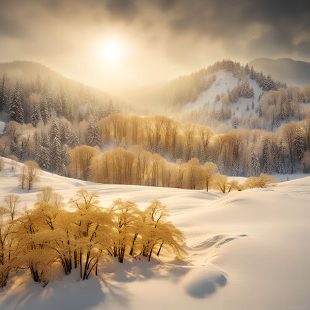 Beautiful winter landscape. Sunrise in the mountains. Ukraine, Europe.の写真素材