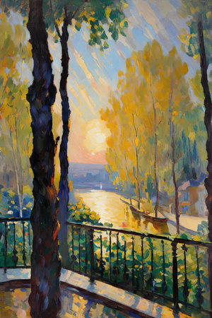 Sunset over the river in the autumn park. Oil painting on canvas.の写真素材