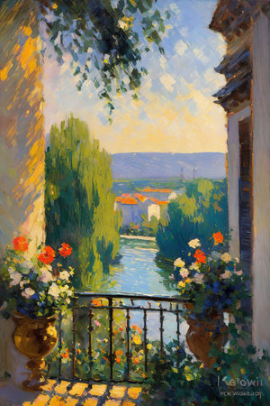 Original oil painting on canvas of an old bridge over the river in Tuscany, Italyの写真素材