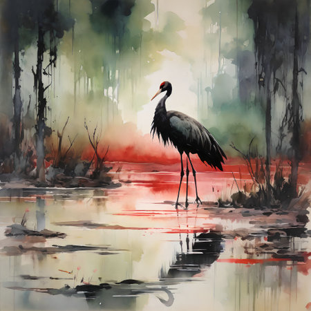 Watercolor painting of a crane in the swamp. The bird is reflected in the water.の写真素材